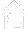 Icon von einer Person vor einem Laptop in einem Haus